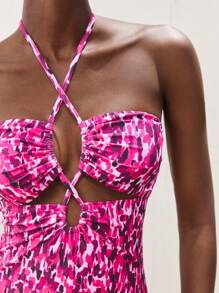 Maija 女式度假风格全印花镂空吊带连体泳衣，波西米亚风格夏季沙滩装 - 粉色 - 查看 4