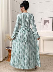 Al Najma Damen elegantes langärmliges Kleid mit ganzflächigem Muster und tailliertem Bund, dezent