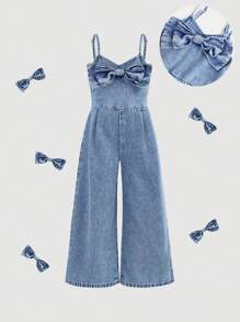 Maija Kids Maija Kids Young Girl' Bow Denim Jumpsuit Overall,Kid Girls Spring And Summer Casual Vacation Country Boho Wear, Beach Outfits For Kid Girls, Easter Wear - Light Wash - View 1