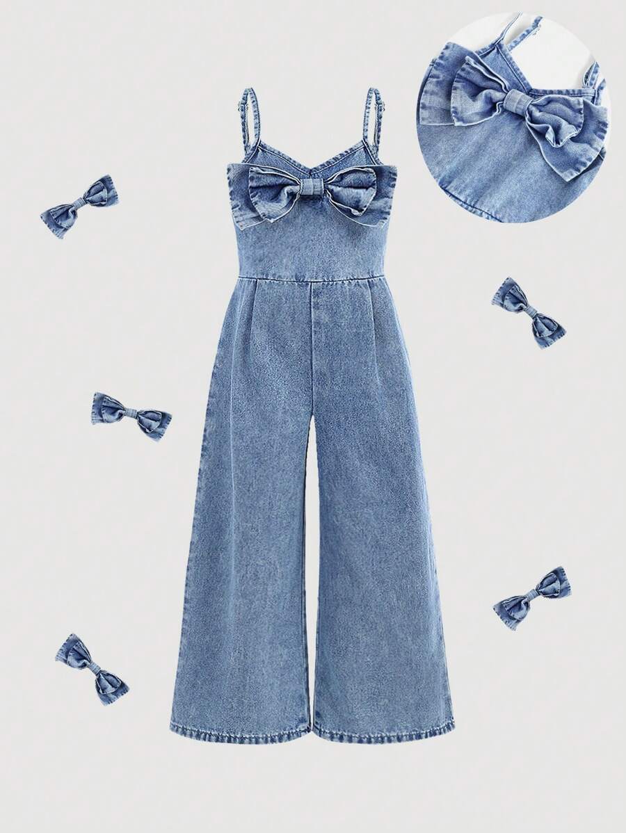 Maija Kids Maija Kids Young Girl' Bow Denim Jumpsuit Overall,Kid Girls Spring And Summer Casual Vacation Country Boho Wear, Beach Outfits For Kid Girls, Easter Wear - Light Wash - View 1