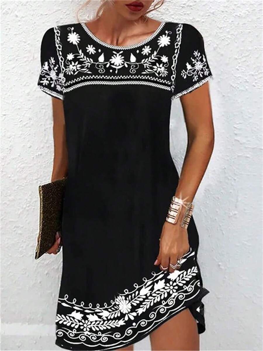 EMERY ROSE Women's Printed Round Neck Short Sleeve Mini Dress, Summer - Black - View 1