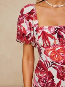 L'Amorae Puff Sleeve Backless Tropical Print Summer Mini Sun Dress, Summer Outfits For Women, Brunch Outfits For Women - Multicolor - View 3