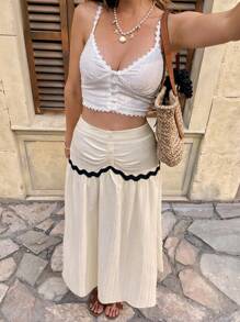 Breezaya Elegant Bohemian Colorblock Wavy Ribbon Layered Cake Skirt For Women, Spring/Summer Vacation