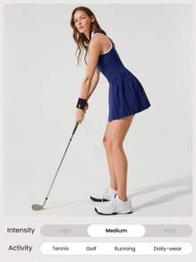 GLOWMODE Vestido tipo polo sin mangas FeatherFit™-Air Ace Flow con bloques de color, bandas antideslizantes, bolsillos laterales, copas desmontables, apto para tenis, golf, pickleball, uso casual y de bajo impacto diario - Dark Blue - Ver 7