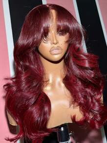 Wear&Go Glueless Curtain Bangs 99j Burgundy Body Wave Remy Human Hair Wig Pre- Plucked Bleach Knots Pre-Cut 6x5 Transparent Lace Closure Wigs 180% Density