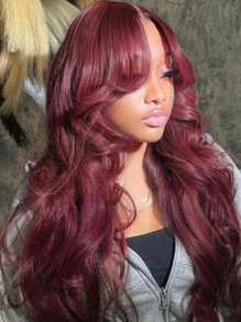 Wear&Go Glueless Curtain Bangs 99j Burgundy Body Wave Remy Human Hair Wig Pre- Plucked Bleach Knots Pre-Cut 6x5 Transparent Lace Closure Wigs 180% Density
