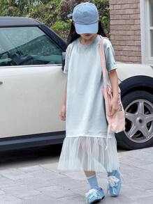 DAZY Vestido de punto de manga corta con cuello redondo y parches de malla para niñas talla grande, ropa de verano y vuelta al colegio
