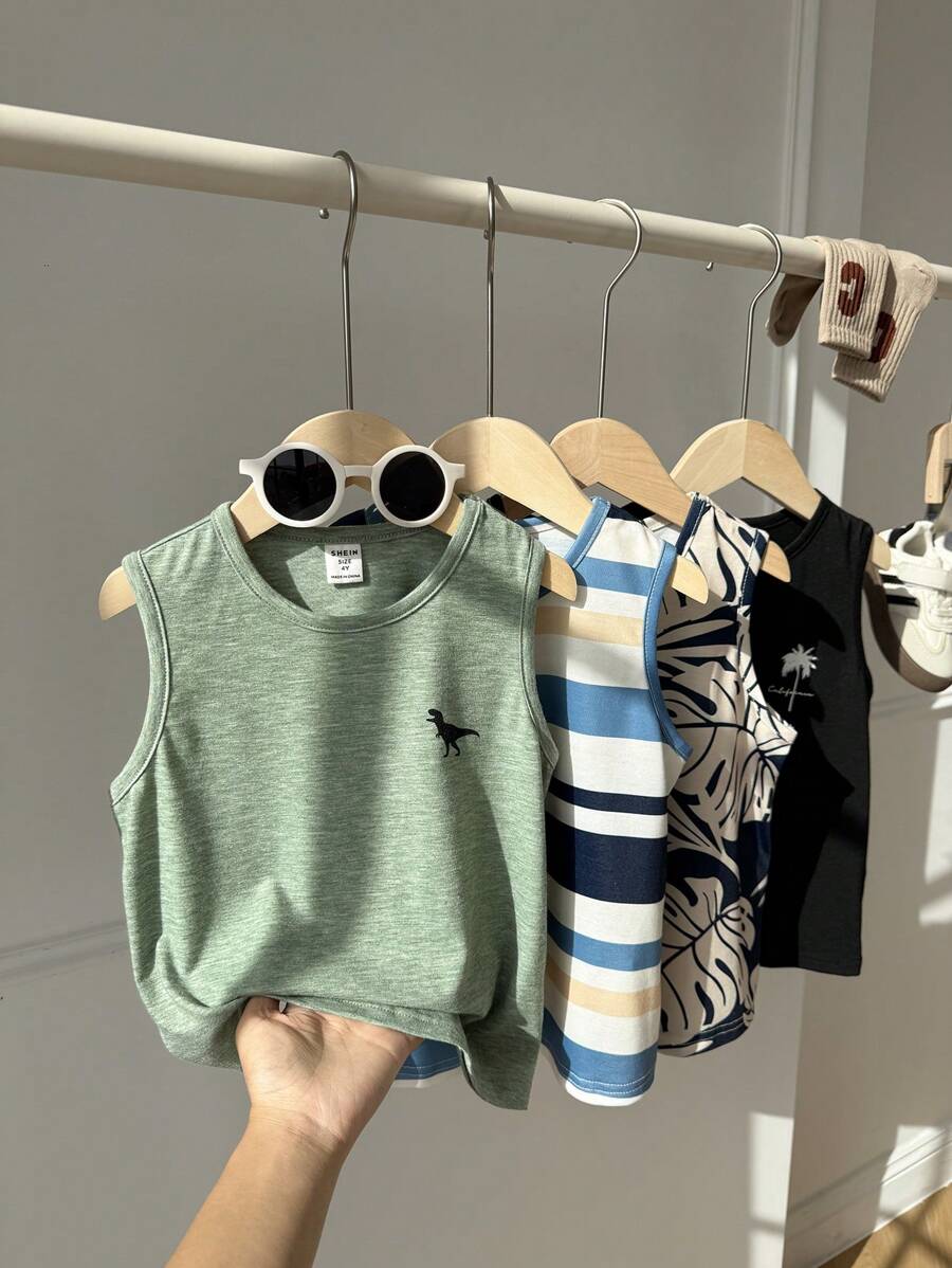 4pcs/Set Young Boy Summer Casual Versatile Comfortable Palm Tree,Leaf,Dinosaur Striped Print Round Neck Sleeveless Loose Knitted Top For School,Daily - Multicolor - View 1