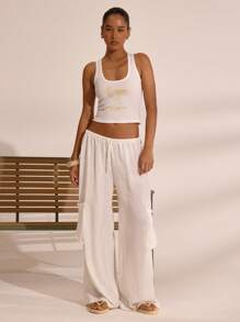 MUSERA 圆领印花背心，春夏度假波西米亚风，伊比沙岛优雅海滩可爱风。海滩别墅假日机场印花T恤 - 白色 - 查看 4