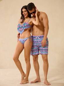 Manfinity VDAYZ Shorts de Praia Masculinos com Estampa de Listras e Cordão na Cintura - Multicolorido - Visão 3