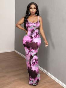 SHEIN SXY Vestido deslizante con estampado de teñido anudado, elegante, sexy y cómodo, para fiesta de graduación - Morado - Ver 4