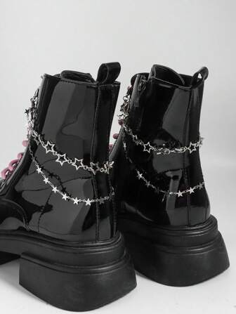 Grunge Punk زوج من رباطات أحذية ذات طبقتين شكل نجمة خماسية مجوفة بطراز بانك فضي، مناسبة هدايا للمناسبات والاستخدام اليومي