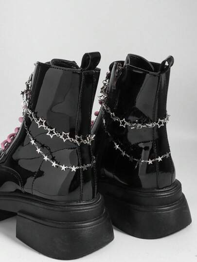 Grunge Punk زوج من رباطات أحذية ذات طبقتين شكل نجمة خماسية مجوفة بطراز بانك فضي، مناسبة هدايا للمناسبات والاستخدام اليومي