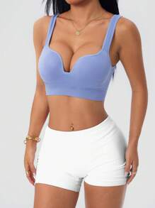 SHEIN Dewbera Women's Elastic Solid Color Wireless Comfortable Sports Bra Women Sports Bras Women Sports Outfit Workout Clothes Women Women Sport Bra Workout Top Women - Blue - View 4