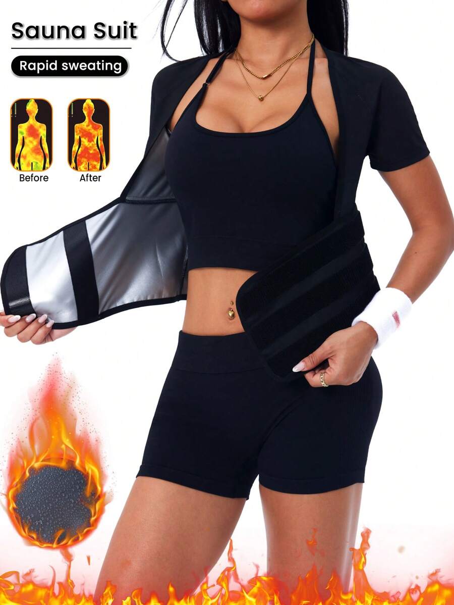 Easithlete 瑜伽吸汗纯色圆领短袖桑拿上衣 - 黑色 - 查看 1