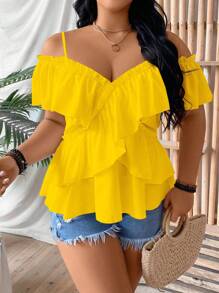 FleurLily Plus Size Solid Color Romantic Ruffled Sleeve Design Camisole Shirt Peplum Top Women Summer Shirts Summer Clothes Yellow Blouse Women Clothes - Yellow - View 5