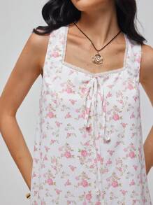 Roylia 夏季女式方领蕾丝边蝴蝶结宽松休闲假日迷你连衣裙 - 彩色 - 查看 5