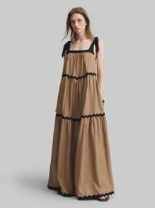 Ontre 2022 New Women Sleeveless Tie-Front Contrast Color Belted Dress, Bowknot Shoulder Tie Beach Dress For Spring & Summer