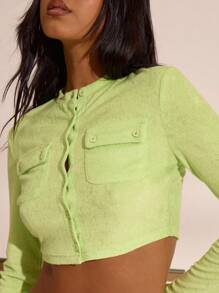 MUSERA Button Up Cropped Pocket Detail Towelling Long Sleeve Crop Top Spring Summer Vacation Boho Ibiza Elegant Beach Cute Beach House Holiday - Green - View 4