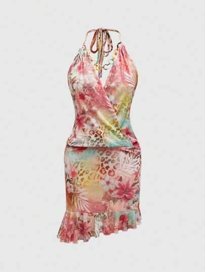 Kawaii Robe courte sexy avec garniture en croix, imprimé floral et léopard, style hippie vacances