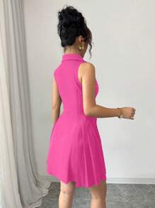 Elenzga Women Solid Color Lapel Neck Single Breasted Sleeveless Mini Dress - Hot Pink - View 2