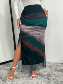 SHEIN Clasi Plus Size High Split Ruched Tie-Dye Print Skirt Maxi Skirt Fall Cloth For Women - Multicolor - View 7