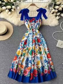 DreamSkyne Vestito midi in stile boho da donna con taglio spalle scoperte, stampa digitale, laccio in vita, vestibilità slim, adatto per vacanze, primavera/estate, taglie forti - Blu - Visualizzare 1