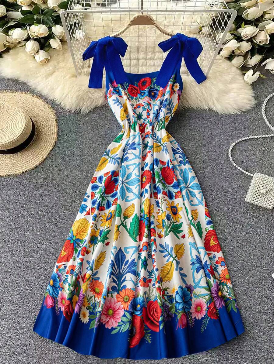 DreamSkyne Vestito midi in stile boho da donna con taglio spalle scoperte, stampa digitale, laccio in vita, vestibilità slim, adatto per vacanze, primavera/estate, taglie forti - Blu - Visualizzare 1
