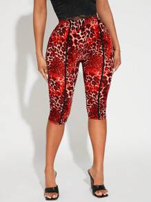 SHEIN SXY Sexy Sheer Leopard Print 3/4 Leggings, Spring/Summer,Bohemia - Red - View 3