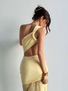 Aloruh Abito mini sexy con vita in pizzo giallo e inserti in pizzo, senza maniche, per donna
