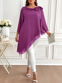 SHEIN Clasi Áo cánh tay dài rộng rãi màu trơn cổ xoắn viền bất đối xứng cỡ lớn dành cho nữ - Màu đỏ tím - Xem 1