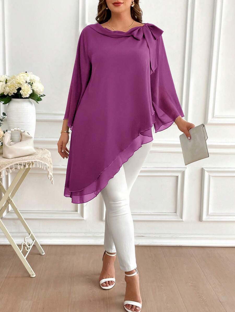 SHEIN Clasi Áo cánh tay dài rộng rãi màu trơn cổ xoắn viền bất đối xứng cỡ lớn dành cho nữ - Màu đỏ tím - Xem 1