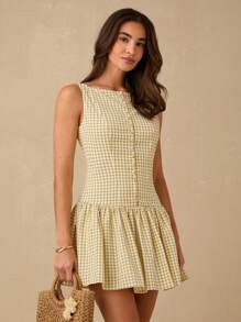 Enchnt Váy mùa hè không tay họa tiết kẻ caro cho nữ - Màu vàng - Xem 5