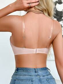 1pc Lace Patchwork Strapless Push Up Bra, Anti-Slip & Anti-Drop, Small Bust Enhancing, Underwire, Comes With Invisible Shoulder Straps - Pink - View 2