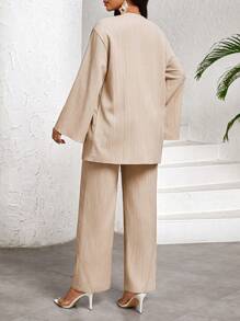SHEIN Lady Bộ 2 món áo dài tay buộc nơ phía trước cho nữ và quần dài, bộ đồ hai mảnh màu kaki trơn dành cho nữ - Màu Khaki - Xem 2