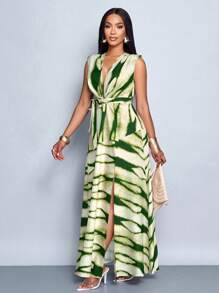 SOLERSUN Women Casual Holiday Deep V Neck Ruched Split Thigh Maxi Dress With Random Floral Print - Green - View 5