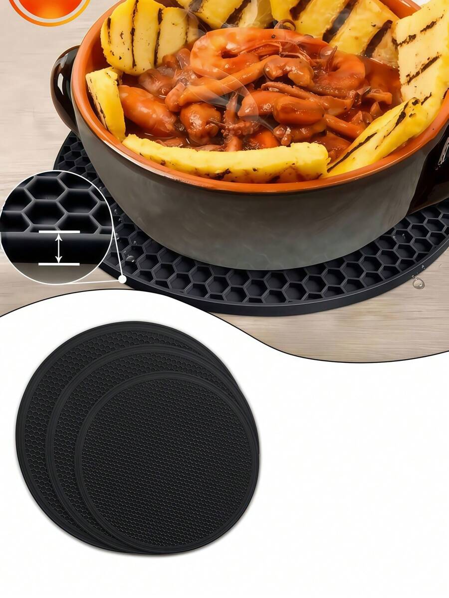 硅胶蜂窝隔热垫和锅垫套装、防滑开罐器、微波炉垫 - 实用的圣诞礼物，居家厨房必备品，烹饪用具 - 黑色 - 查看 1