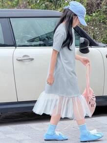DAZY Vestido de punto de manga corta con cuello redondo y parches de malla para niñas talla grande, ropa de verano y vuelta al colegio