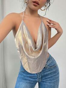 Firerie Top camisero plisado de unicolor con espalda abierta para salir, top camisero con cuello drapeado, espalda abierta y tela brillante para festival de música, top camisero elegante y sexy con estilo retro y romántico Y2K para festivales de música, conciertos y carnavales para mujeres - Plateado - Ver 3