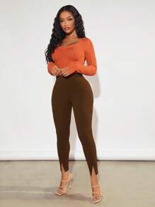 SHEIN SXY Solid Split Hem Leggings - Coffee Brown - View 4