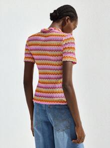 Maija 女士多色波浪条纹夏季连衣裙，浪漫休闲时尚修身圆领短袖几何波浪提花针织沙滩装，波西米亚风沙滩裙，波浪条纹优雅上衣，休闲办公服饰 - 彩色 - 查看 3