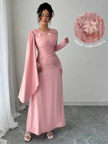 Modelyn Abito lungo con maniche lunghe, vita asimmetrica, frange e toppe in rete ricamata per le donne