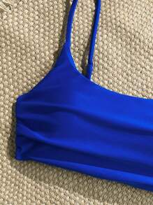 SHEIN Swim Áo bikini dây mảnh màu trơn đi biển mùa hè cho nữ - Xanh đậm - Xem 4