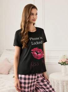 SHEIN Parte superior de pijama de mangas cortas para mujer, cómoda, con estampado de labios y letras, para verano