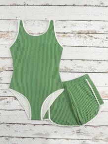 SHEIN Teen Girls Striped Printed Round Neck Sleeveless One-Piece Swimsuit With Cover Up Shorts, Suitable For Summer, Beach, Vacation Young Girls Sets Bathing Suit Set Kids 1 Piece Bathing Suit For Teens Women Bathing Suit Set Bathing Suits Teen Set - Dark Green - View 5