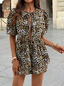 INAWLY Setelan 2 Potong Atasan Lengan Mengembang Motif Leopard dan Celana Pendek untuk Wanita, Busana Festival Musim Panas yang Modis - Chocolate Brown - View 6