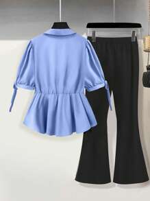 Franclia Plus Size Women's Blue Front Button Top And Black Flare Leg Pants Elegant 2 Pieces Set