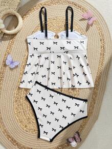 Tween Girls' Cute Bowknot Two-Piece Tankini Swimsuit Set - Multicolor - View 2