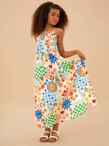 SHEIN Vestido informal con tirantes de espagueti con estampado floral pequeño para niña preadolescente de vacaciones en la playa, conjunto a juego de mamá e hija (se venden 3 piezas por separado)