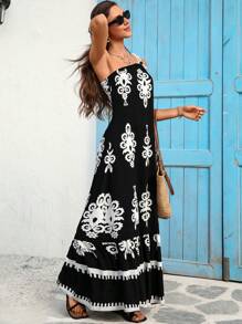 Vivid Eden Women's Retro Bohemian Print Sleeveless One Shoulder Holiday Loose Maxi Dress,Summer Vacation Outfits,Beach Festival ,Black N White,Boho - Multicolor - View 6
